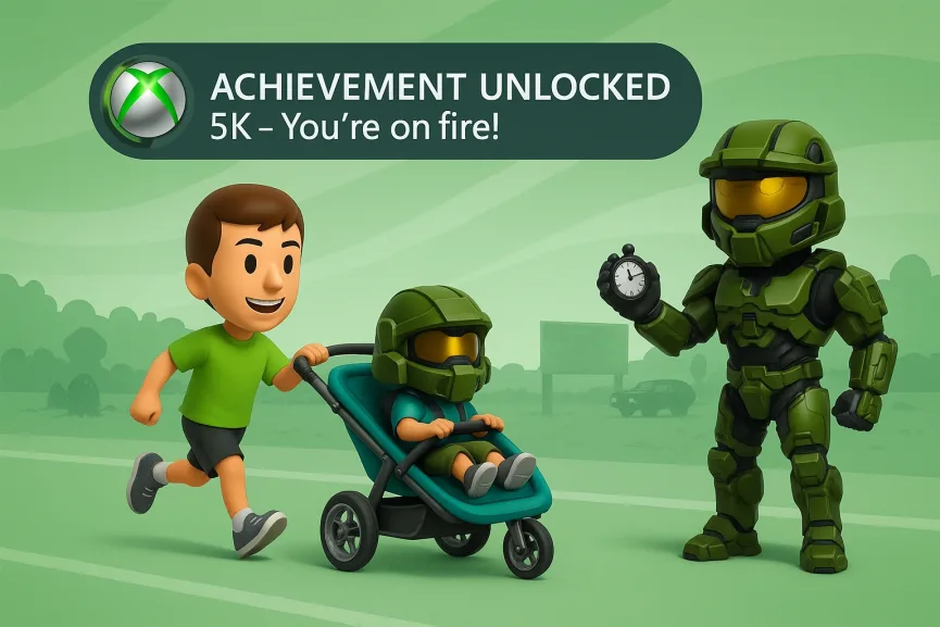 Cartoon runner pushing a buggy with a child, being timed by a Halo-style character holding a stopwatch. Xbox-style banner reads "Achievement Unlocked – 5K, You're on fire!"