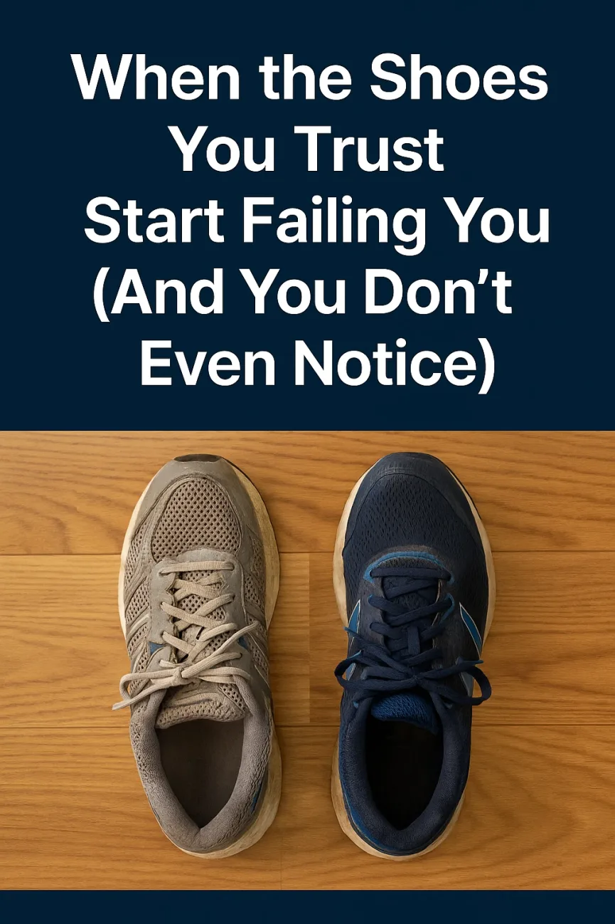 Top-down view of two worn running shoes showing signs of age and use