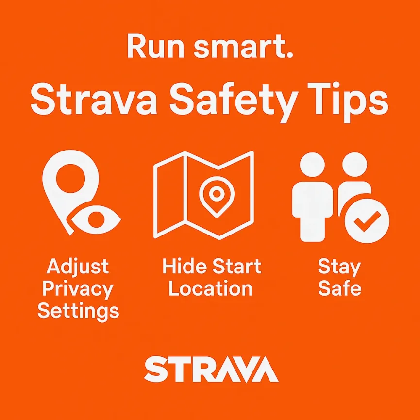 Strava safety tips graphic with icons and logo on an orange background